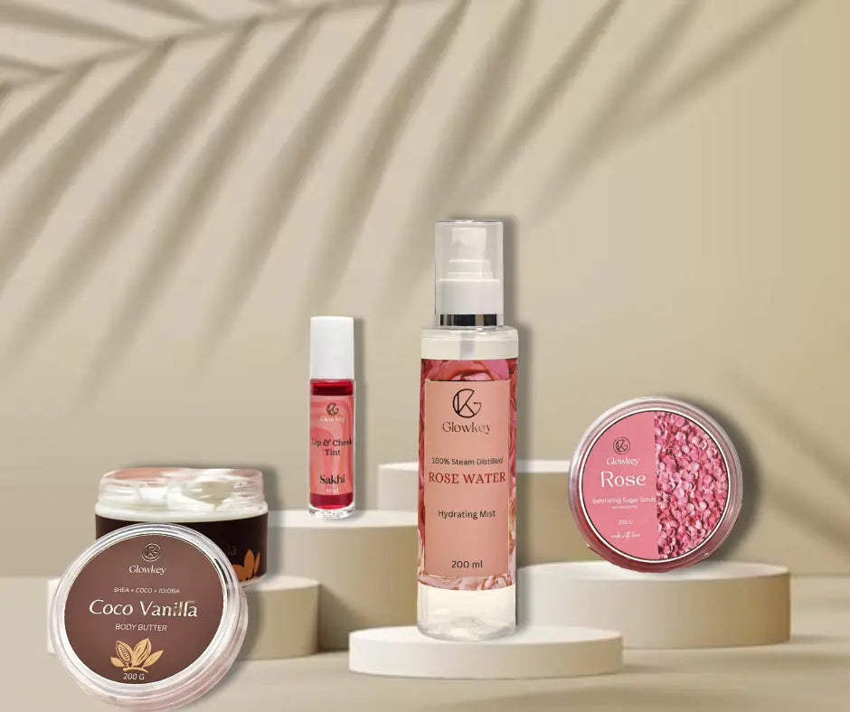 Luxurious Travel Skincare Trio: Rose Water, Rose Sugar Scrub, & Coco Vanilla Body Butter