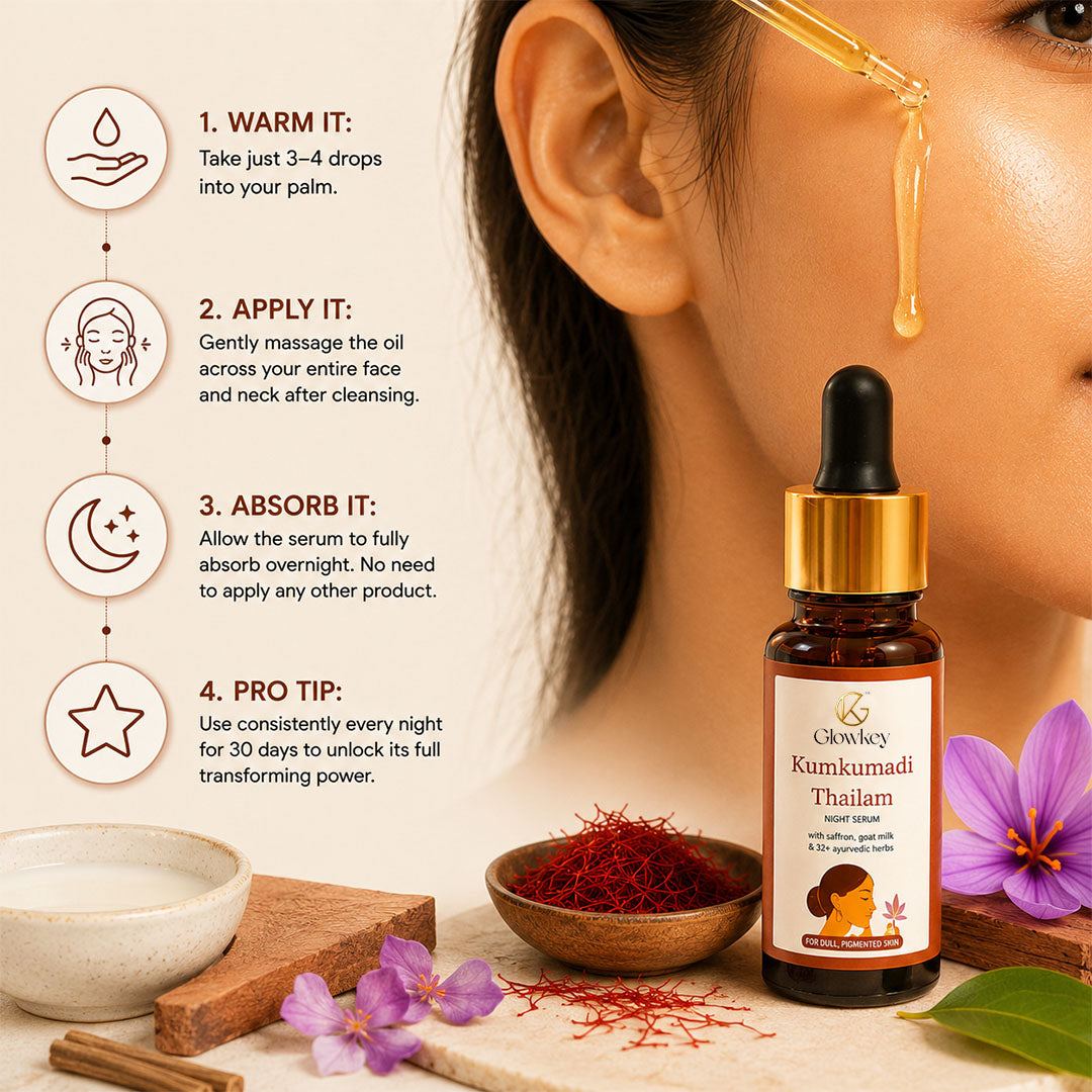 Kumkumadi Thailam Oil | For Dull & Pigmented Skin | Made with 26 Ayurvedic Herbs