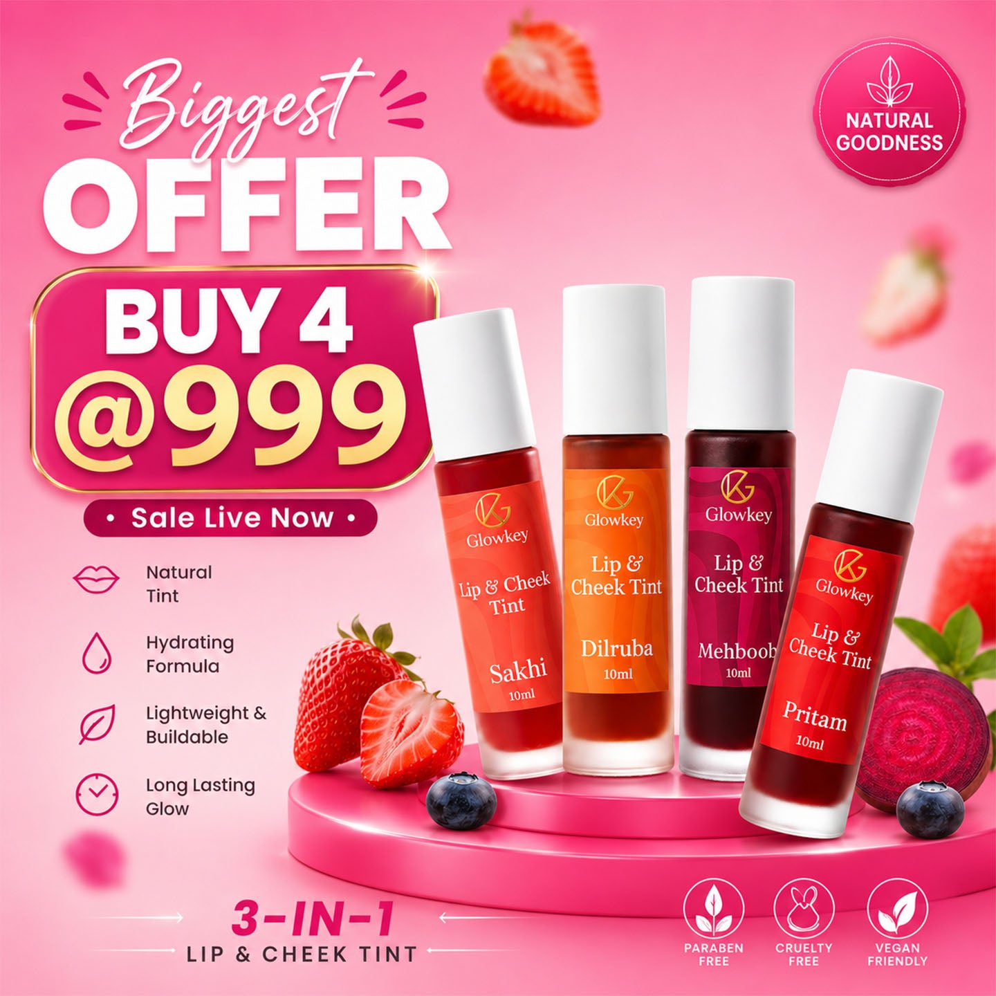 Lip & Cheek Tint - Long Lasting, Waterproof, Smudge Proof - Buy 4 @999/-