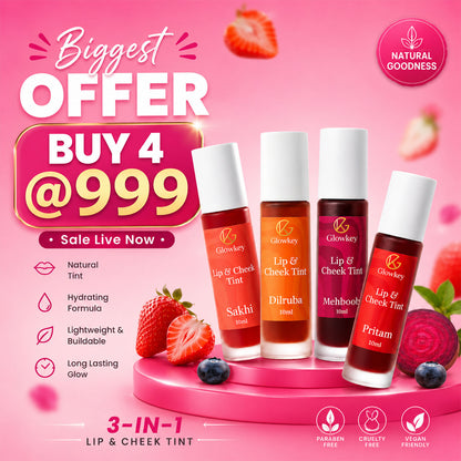Lip & Cheek Tint - Long Lasting, Waterproof, Smudge Proof - Buy 4 @999/-